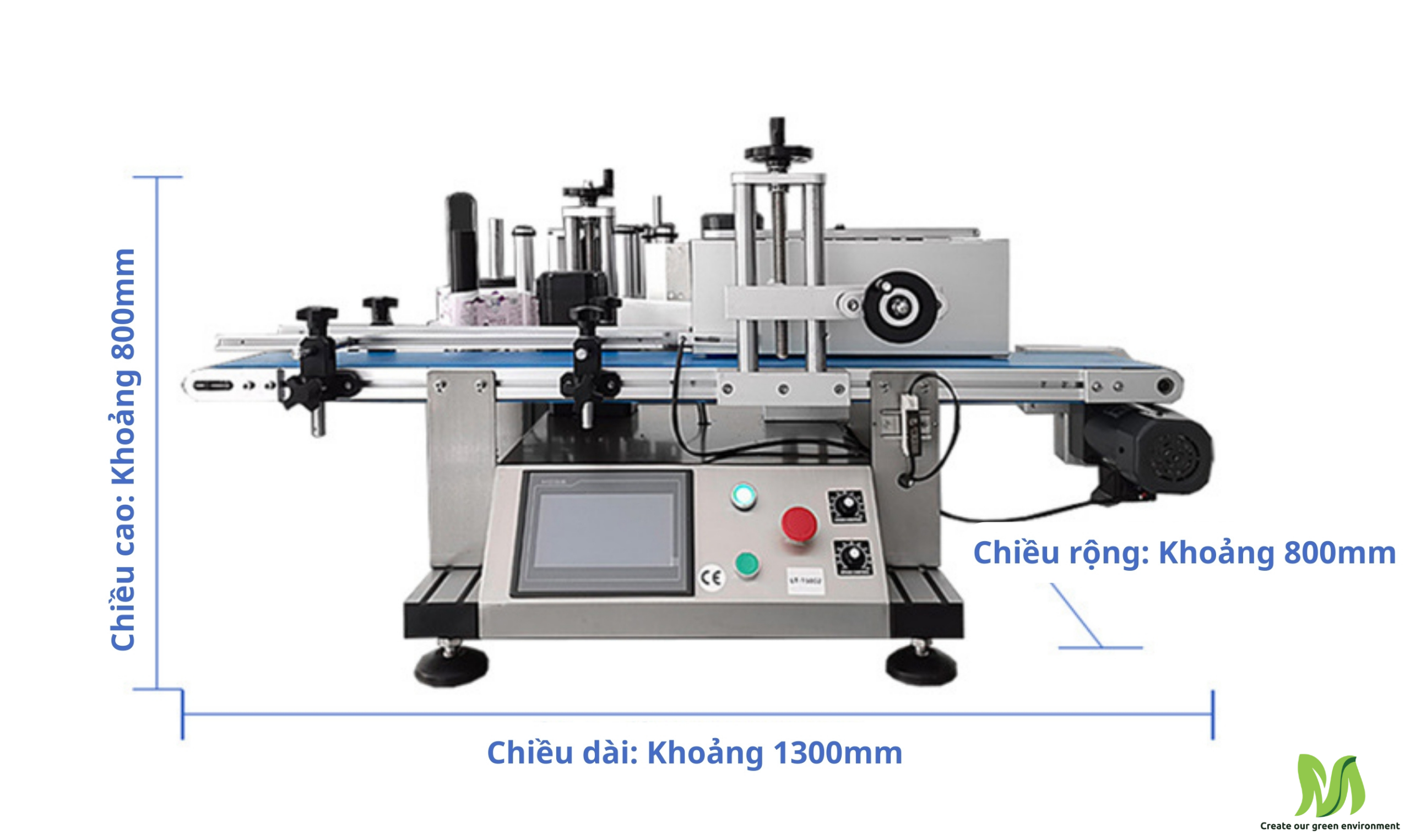 Máy dán nhãn chai tròn để bàn MTX VINA với cụm cấp nhãn, băng tải và bộ điều khiển.